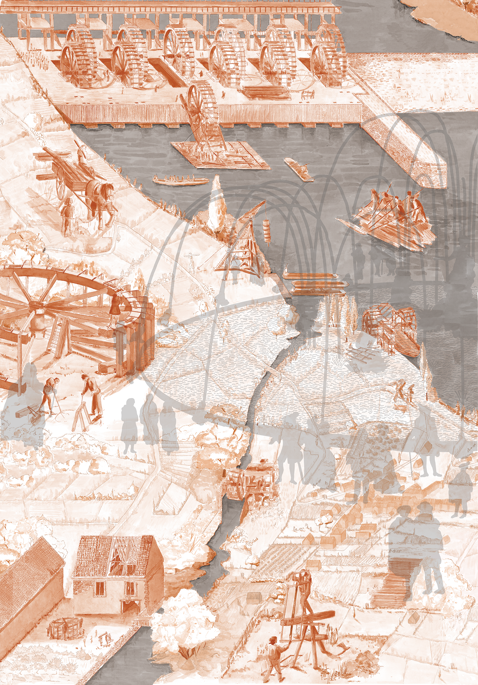 Dessin à la sanguine, machine de Marly